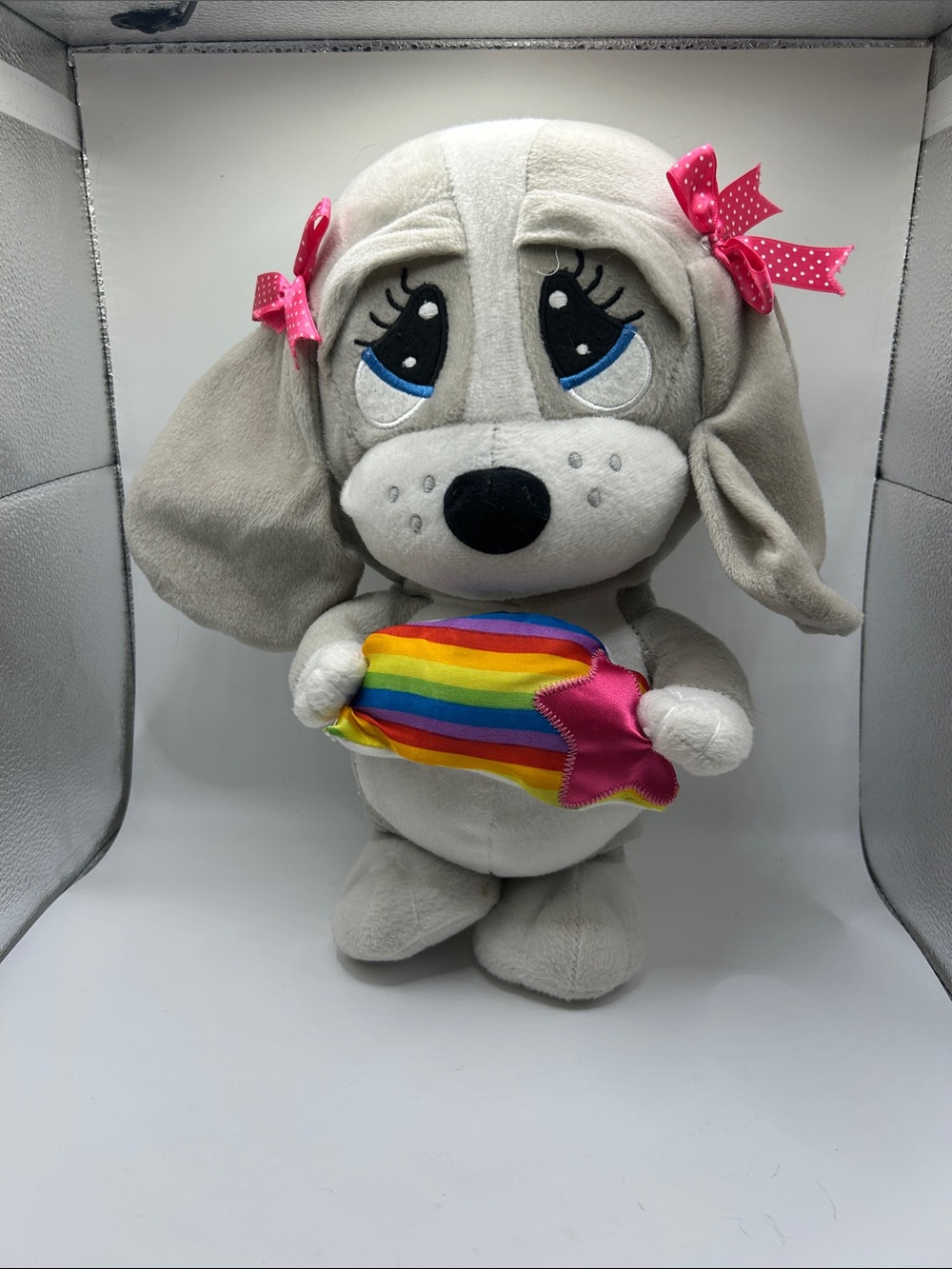 Rare vintage oversized Nanco Sad Sam and Honey grey girl dog with rainbow y2k